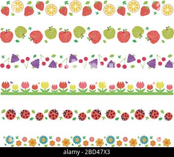 Set patten orizzontale senza cuciture / fiori, frutta, ecc. (stile di scrittura a mano / tratto di matita colorato) Illustrazione Vettoriale