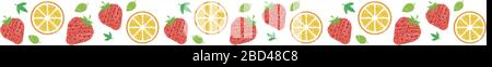 Patten orizzontale senza cuciture con fragole e arance (stile scrittura a mano / tratto di matita colorato) Illustrazione Vettoriale