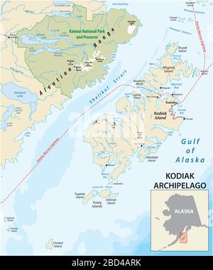 Mappa vettoriale dell'arcipelago di Kodiak appartenente allo stato dell'Alaska degli Stati Uniti Illustrazione Vettoriale