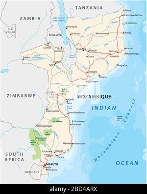 mappa vettoriale della strada del mozambico e del parco nazionale Illustrazione Vettoriale