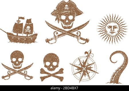 Set di illustrazioni pirata piatta / grana (cranio, ancora, vulcano, nave, bussola, sole, kraken ecc.) Illustrazione Vettoriale