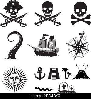 Set di illustrazioni pirata piatta (cranio, ancora, vulcano, nave, bussola, sole, kraken ecc.) Illustrazione Vettoriale