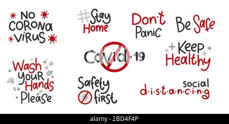 Set adesivi Covid-19. Lettere di coronavirus. Elementi per poster, banner, tazze da caffè e tazza, T-shirt e notebook. Illustrazione Vettoriale