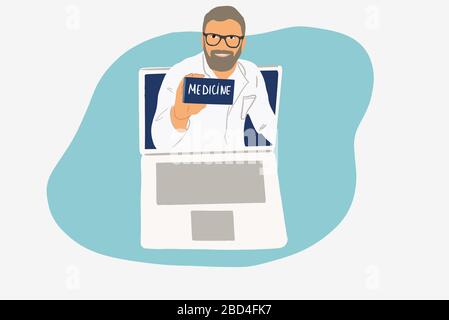 Medico di sesso maschile nel monitor del notebook. Online e teemedicina concetto. Illustrazione vettoriale colorata in stile cartoon piatto Illustrazione Vettoriale