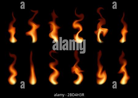 Set di fiamme trasparenti vettoriali. Immagine sfocata su sfondo nero Illustrazione Vettoriale