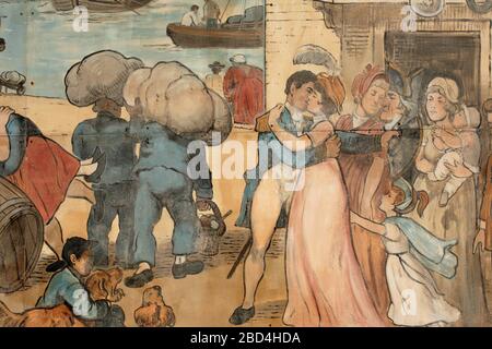 Parte del cartone animato di Thomas Rowlandson 'Portsmouth Point' dipinto sul lato del Bridge Tavern, East Street, Old Portsmouth, Hampshire, Inghilterra, Regno Unito Foto Stock