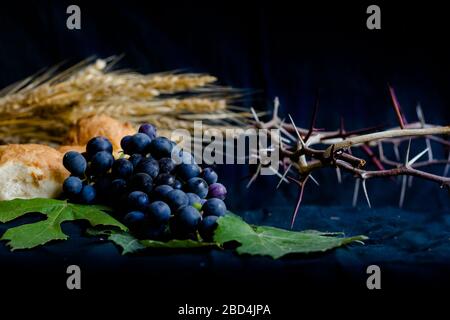 Uva da grano pane e corona di spine su sfondo nero come simbolo del cristianesimo Foto Stock