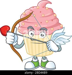 Affascinante immagine di torta di fragole Cupido mascotte concetto di design con freccia e ali Illustrazione Vettoriale