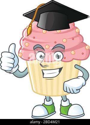 Mascot design concetto di torta di fragole orgogliosamente indossando un cappello nero Graduation Illustrazione Vettoriale