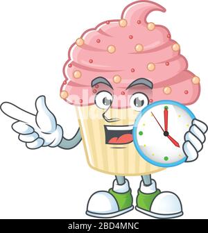 Cupcake di fragola mascotte design concetto tenendo un orologio circolare Illustrazione Vettoriale