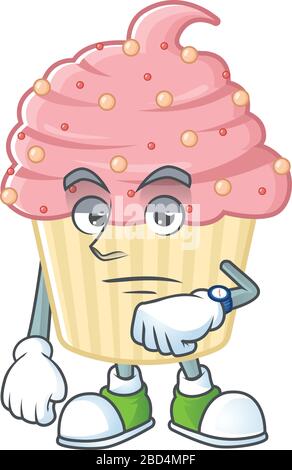 Cupcake di fragola con gesto di attesa mascotte concetto di design Illustrazione Vettoriale