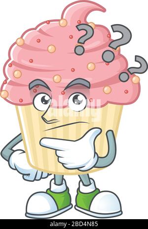 Concetto di mascotte di cupcake di fragola che ha un gesto confused Illustrazione Vettoriale