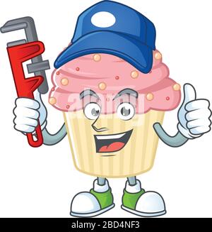 Mascot design concetto di torta di fragole lavoro come idraulico intelligente Illustrazione Vettoriale