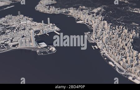 Rappresentazione 3D della mappa della città di Hong Kong. Vista aerea satellitare. Foto Stock