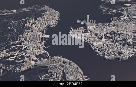 Rappresentazione 3D della mappa della città di Hong Kong. Vista aerea satellitare. Foto Stock