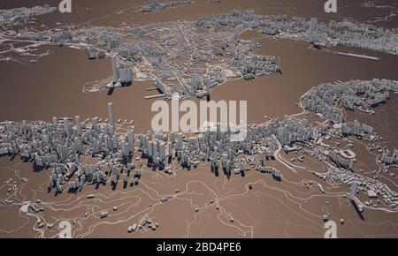 Rappresentazione 3D della mappa della città di Hong Kong. Vista aerea satellitare. Foto Stock