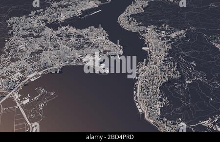 Rappresentazione 3D della mappa della città di Hong Kong. Vista aerea satellitare. Foto Stock