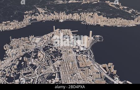 Rappresentazione 3D della mappa della città di Hong Kong. Vista aerea satellitare. Foto Stock