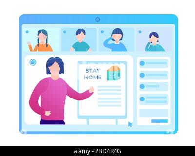 Scolaresche a un webinar con un insegnante di scuola. Lezioni online durante la quarantena della pandemia del coronovirus. Illustrazione vettoriale piatta Illustrazione Vettoriale