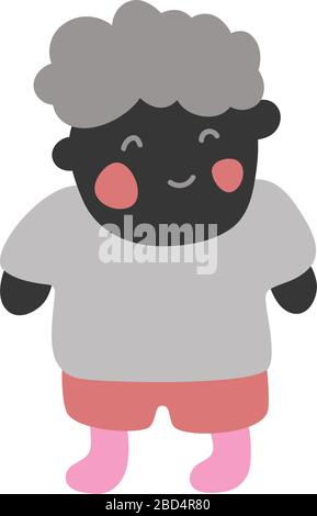 Carino personaggio per bambini. Illustrazione vettoriale bambino nero che indossa maglietta grigia e calzini rosa. Illustrazione Vettoriale