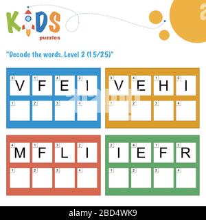 Decodificare le parole di 4 lettere. Pratica del foglio di lavoro per bambini della scuola materna, elementare e media. Foglio attività puzzle di logica divertente. Illustrazione Vettoriale