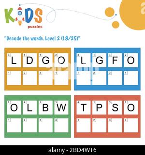 Decodificare le parole di 4 lettere. Pratica del foglio di lavoro per bambini della scuola materna, elementare e media. Foglio attività puzzle di logica divertente. Illustrazione Vettoriale