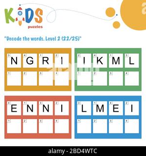 Decodificare le parole di 4 lettere. Pratica del foglio di lavoro per bambini della scuola materna, elementare e media. Foglio attività puzzle di logica divertente. Illustrazione Vettoriale