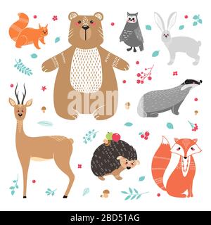 Simpatici animali: volpe, tasso, lo scoiattolo, il gufo, cervi rossi, caprioli, lepri, conigli, riccio orso e diversi elementi Illustrazione disegnata a mano in scandinav Illustrazione Vettoriale