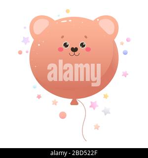 Orso Kawaii in carino con palloncino. Animale isolato su sfondo bianco. Illustrazione vettoriale Illustrazione Vettoriale