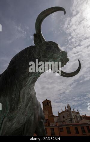 Statua bronzea di toro (Toro de la Vega; toro del prato), Tordesillas, provincia di Valladolid, Castiglia e León, Spagna, Europa Foto Stock