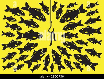 Un sacco di pesci attratti da un gancio di pesca con verme come esca. Illustrazione vettoriale minimalista in nero isolato su sfondo giallo saturo. Illustrazione Vettoriale