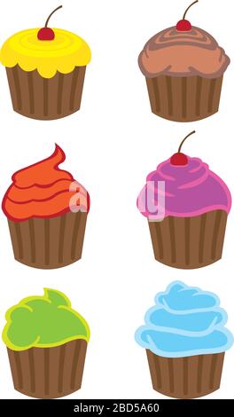 Illustrazione vettoriale di cupcake colorati di diversi sapori in stile cartoon isolato su sfondo bianco. Illustrazione Vettoriale