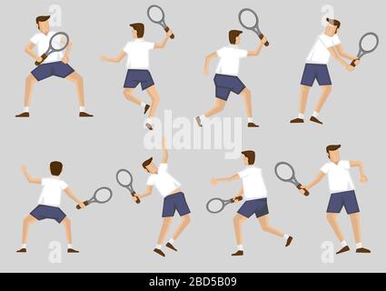 Giocatore di tennis maschile che tiene racchetta in varie pose. Illustrazione vettoriale cartoon character clip art set isolato su sfondo normale. Illustrazione Vettoriale