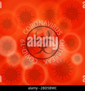 Stop Pandemic romanzo Coronavirus segno e Biohazard Logo su sfondo rosso. COVID-19 Foto Stock