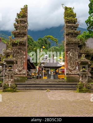 Vista verticale delle porte scolpite del tempio di Batukaru a Bali, Indonesia. Foto Stock