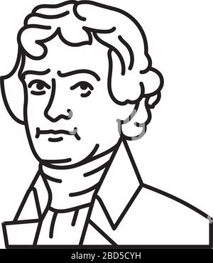 L'ex presidente americano Thomas Jefferson ha isolato l'icona della linea vettoriale del ritratto. Illustrazione Vettoriale