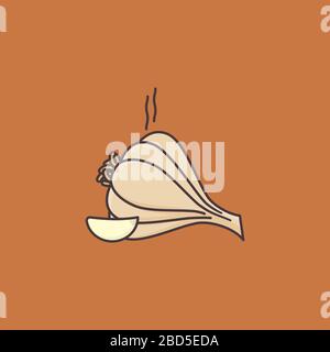 Bulbo d'aglio e illustrazione vettoriale degli spicchi per il giorno dell'aglio il 19 aprile. Simbolo di colore delle spezie aromatiche. Illustrazione Vettoriale