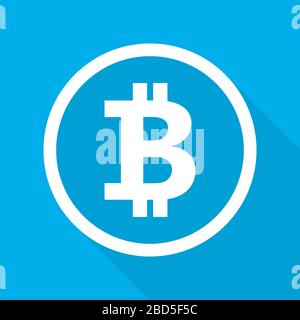 Icona bitcoin bianca in un design piatto. Illustrazione vettoriale. Simbolo Bitcoin con lunga ombra su sfondo blu Illustrazione Vettoriale