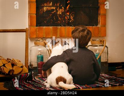 Bambino annoiato e cane che rimangono a casa durante la quarantena guardando il fuoco nel camino Foto Stock