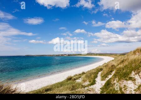 Dune di Traigh nam Faoghailean spiaggia di sabbia bianca a Balranald RSPB Nature Reserve, Hougharry, North Uist, Outer Hebrides, Western Isles, Scozia, Regno Unito Foto Stock