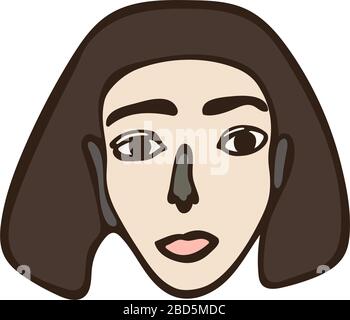 Ritratto femminile isolato lineare minimalista. Ragazza dai capelli castani, faccia bianca con occhi scuri. Caratteristiche facciali semplici. Grafica primitiva scandinava Illustrazione Vettoriale