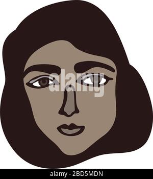 Ritratto femminile isolato lineare minimalista. Faccia marrone con occhi scuri. Caratteristiche facciali iraniane, turche, Arabia Saudita. Medio Oriente o Mediterraneo Illustrazione Vettoriale