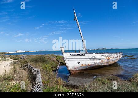 Vecchia barca abbandonata in baracche, Quinta de Marim, Parco Naturale Ria Formosa, Algarve, Portogallo Foto Stock