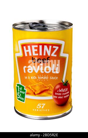 Carne di manzo Heinz Ravioli, carne di manzo Heinz Ravioli TiN, Heinz Ravioli, TiN, in scatola, lattina, Heinz, alimenti in scatola, alimenti in scatola, carne di manzo heinz Ravioli, ritaglio, marchio, Foto Stock