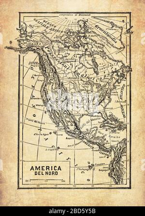 Antica mappa del Nord America e parte dell'America Centrale e dei Caraibi con nomi e descrizioni geografiche italiane Foto Stock