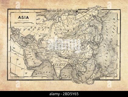 Antica mappa del continente asiatico e degli oceani che lo circondano con nomi e descrizioni geografiche italiane Foto Stock