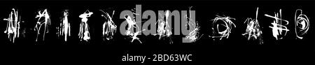 Set di grafica calligraphy inchiostro forme eleganti. Set di impronte in bianco e nero astratto. Formato orizzontale, inversione. Clipart vettoriali. Spruzzi dinamici Illustrazione Vettoriale