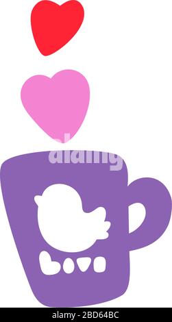 San Valentino. Cartolina tipografica con tazza, uccello e cuori. Formato quadrato. Parola scritta amore. Illustrazione vettoriale di un San Valentino. Isolato Illustrazione Vettoriale