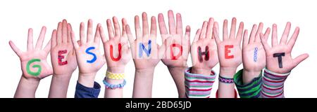 Kids Hands Holding Word Gesundheit significa Salute, sfondo isolato Foto Stock