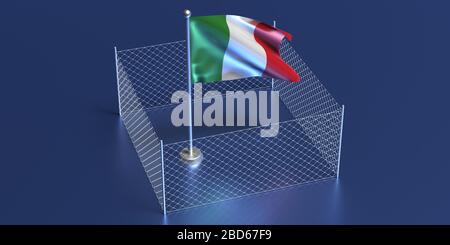 L'Italia ha chiuso le frontiere. Bandiera italiana su palo recintato con rete metallica, sfondo blu. Quarantena pandemica COVID 19, illustrazione 3d Foto Stock